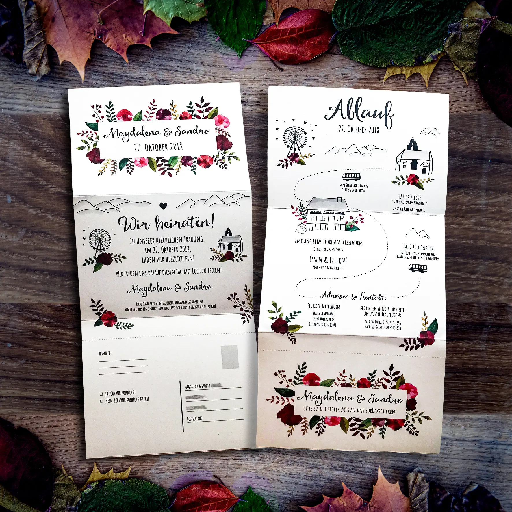 Karte mit Blumen Design und Informationen über die Hochzeit Karte mit Blumen Design und Informationen über die Hochzeit