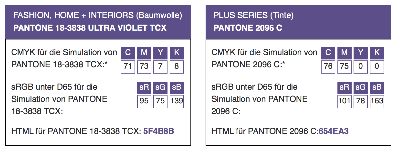 Pantone Color Of The Year 2018 Ultra Violet Farbwerte