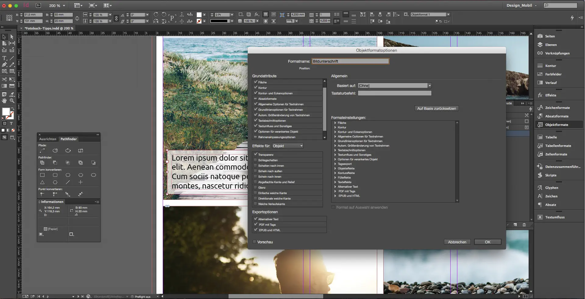 fotobuch indesign tutorial step um objektformat für bildunterschriften 