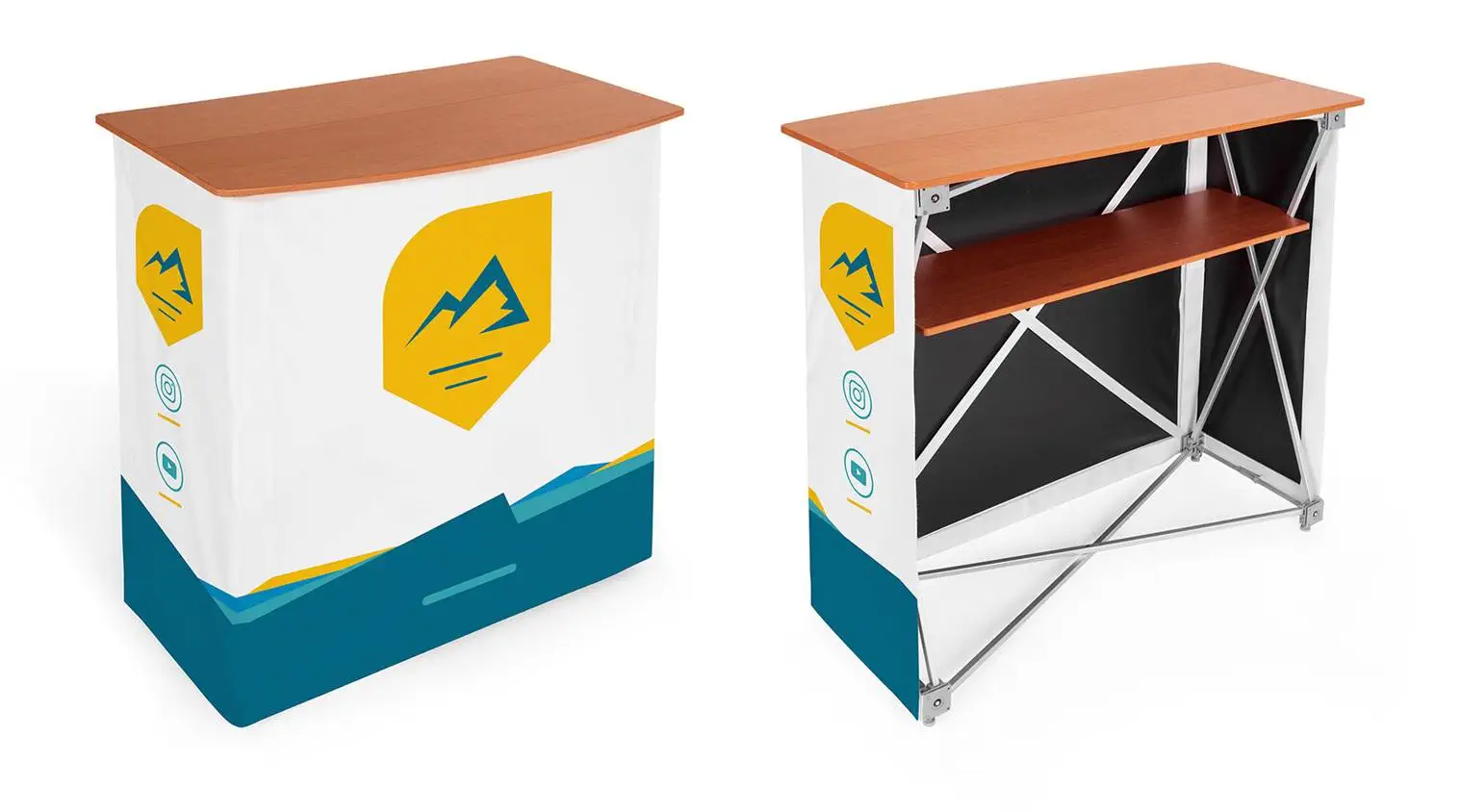 Eckige Falttheke: Textilbanner, rückseitig offen mit Einlegeboden